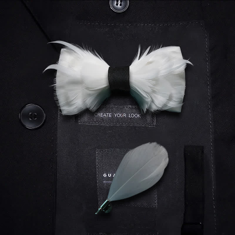 Kid's White & Black Elegant Feather Bow Tie with Lapel Pin - Parent-Child Set - image 3