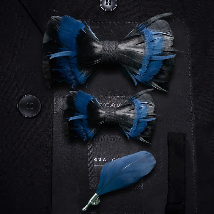Kid's MidnightBlue & Black Feather Bow Tie with Lapel Pin - Parent-Child Set - image 3