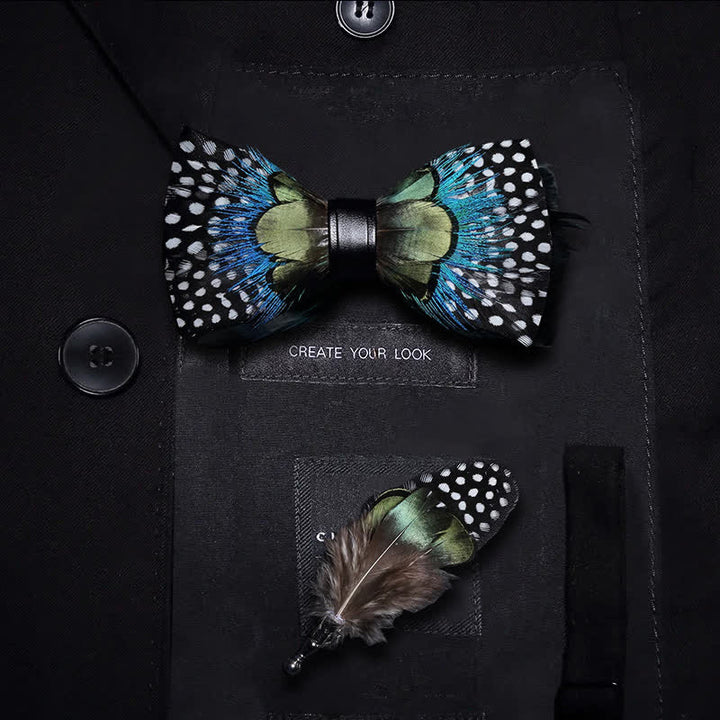 Kid's Green & Blue Polka Dots Feather Bow Tie with Lapel Pin - Kid - image 0