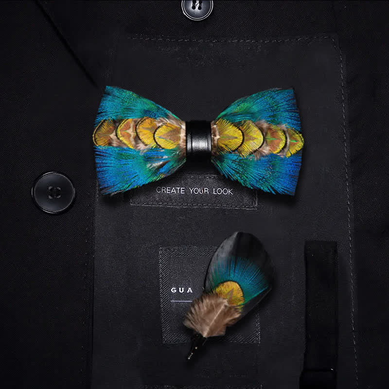 Kid's Blue & Green-yellow Feather Bow Tie with Lapel Pin - Parent-Child Set - image 4