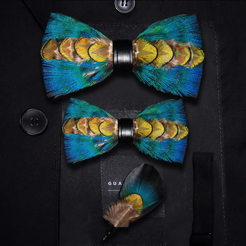 Kid's Blue & Green-yellow Feather Bow Tie with Lapel Pin - Parent-Child Set - image 4