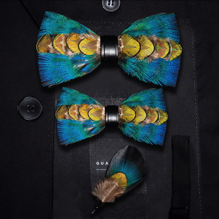 Kid's Blue & Green-yellow Feather Bow Tie with Lapel Pin - Parent-Child Set - image 4