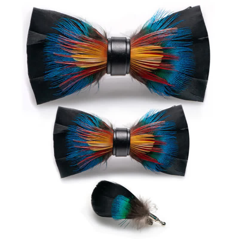 Kid's Black & Multicolored Blossom Feather Bow Tie with Lapel Pin - Parent-Child Set - image 4