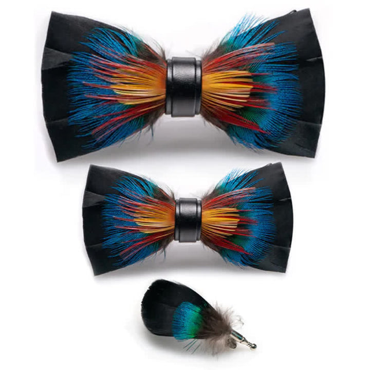 Kid's Black & Multicolored Blossom Feather Bow Tie with Lapel Pin - Parent-Child Set - image 4