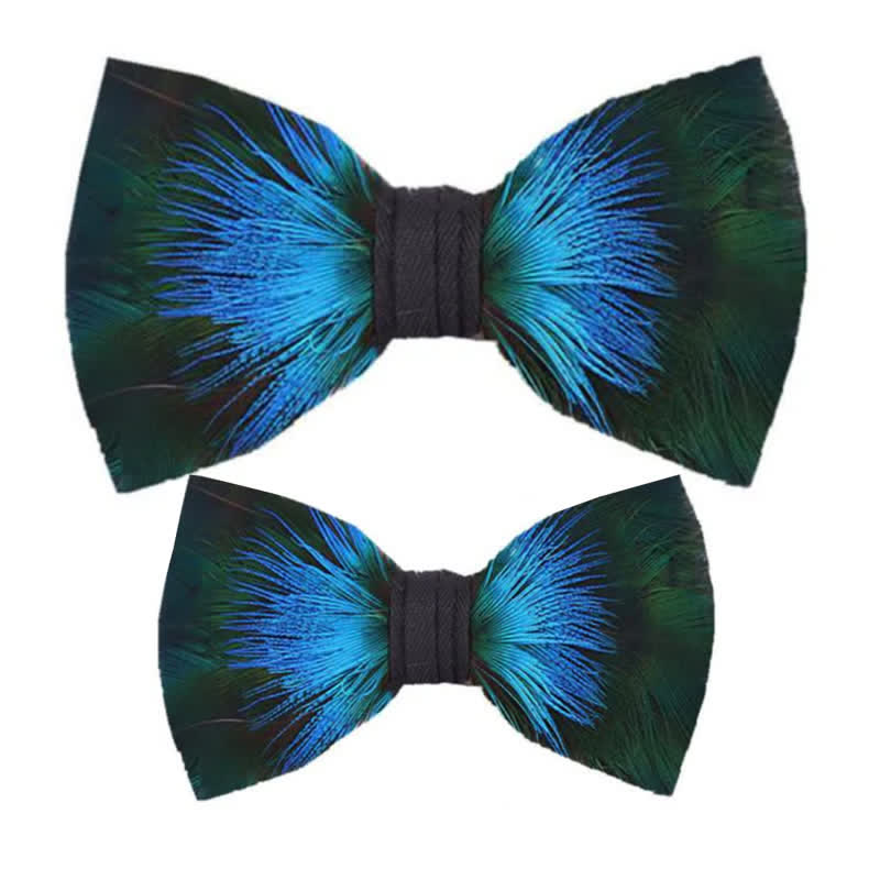 Kid's Aurora Blue & Green Feather Bow Tie with Lapel Pin - Parent-Child Set - image 4