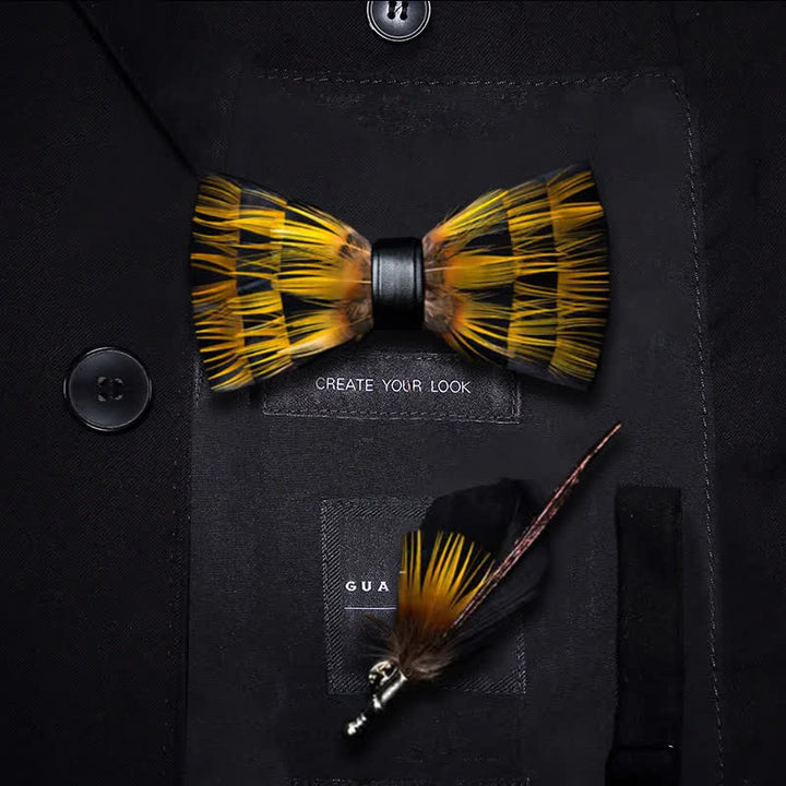 Kid's Yellow & Black Night Feather Bow Tie with Lapel Pin - Kid - image 0