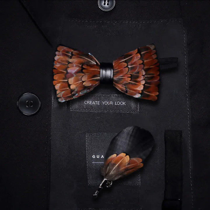 Kid's Brown & Black Trim Feather Bow Tie with Lapel Pin - Kid - image 0