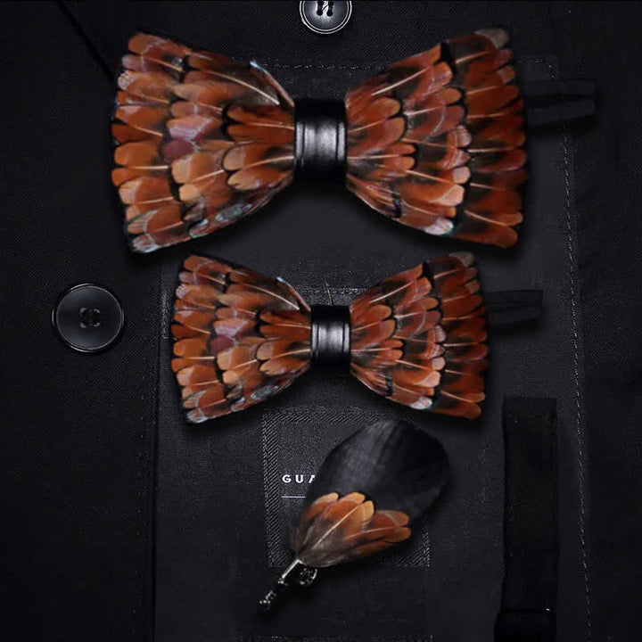 Kid's Brown & Black Trim Feather Bow Tie with Lapel Pin - Parent-Child Set - image 4
