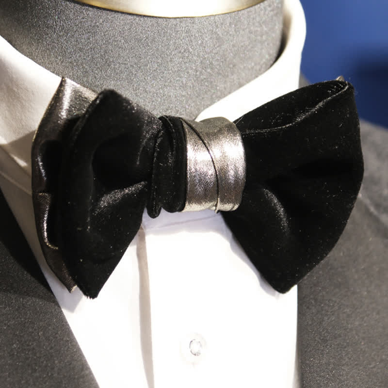 Men's Contrasting Double Colored Shining Velvet Bow Tie - Silver - image 5