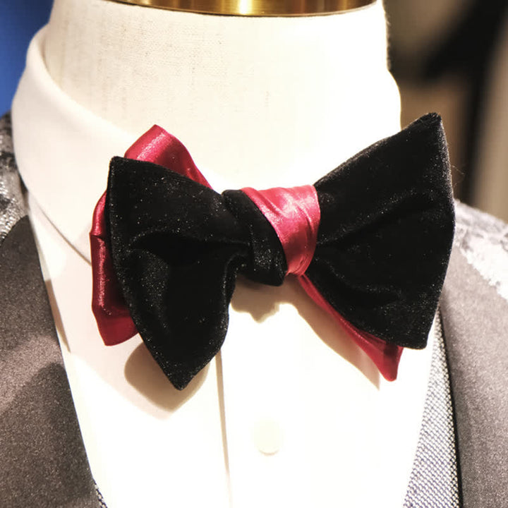 Men's Contrasting Double Colored Shining Velvet Bow Tie - Red - image 3