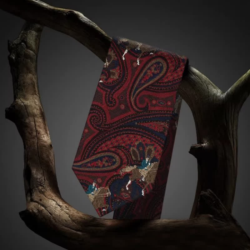 Men's Riding Horse Embroidery Red Paisley Necktie - image 3