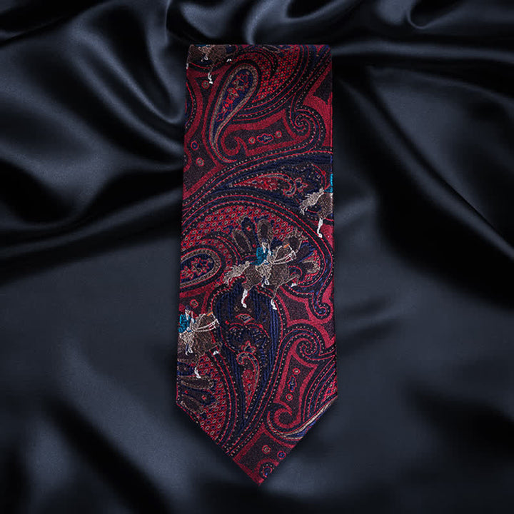 Men's Riding Horse Embroidery Red Paisley Necktie - image 5