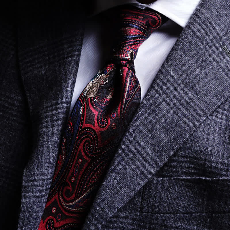 Men's Riding Horse Embroidery Red Paisley Necktie - image 1