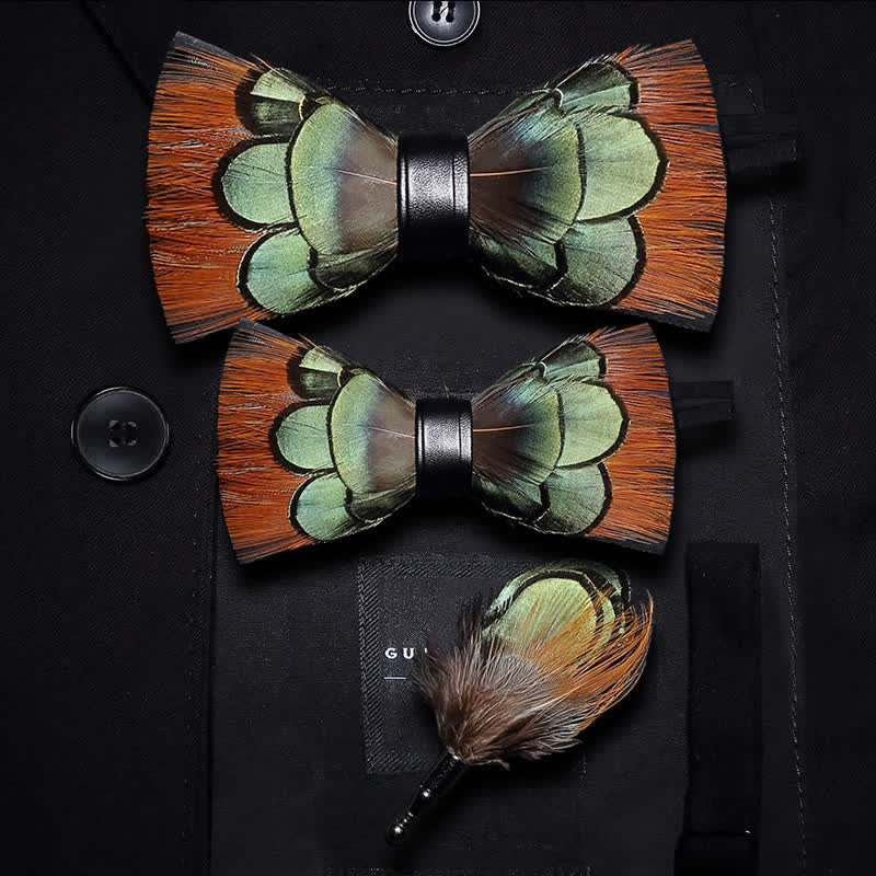 Kid's Lightgreen & Brown Feather Bow Tie - Parent-Child Set - image 4