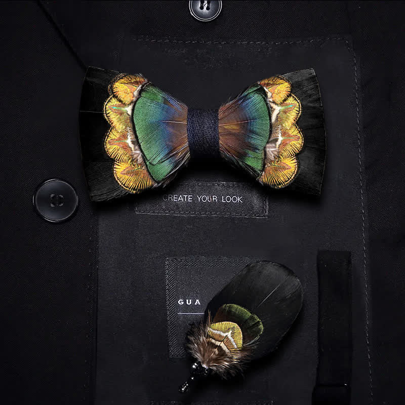 Kid's Black & Yellow-green Feather Bow Tie with Lapel Pin - Kid - image 0