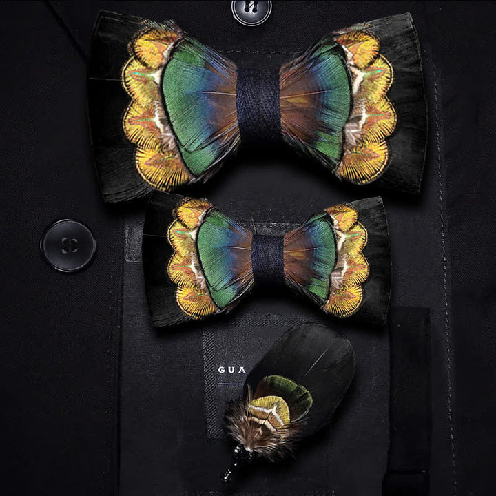 Kid's Black & Yellow-green Feather Bow Tie with Lapel Pin - Parent-Child Set - image 2