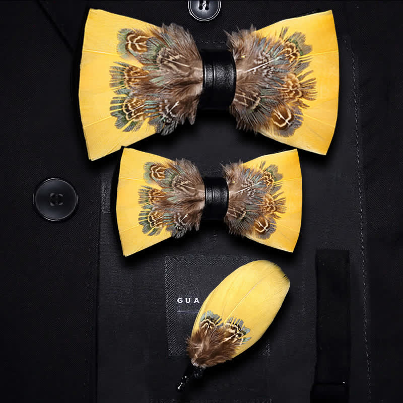 Kid's Yellow & Brown Pheasant Feather Bow Tie with Lapel Pin - Parent-Child Set - image 2