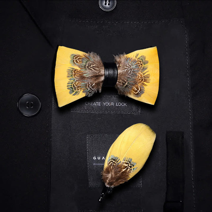 Kid's Yellow & Brown Pheasant Feather Bow Tie with Lapel Pin - Kid - image 0