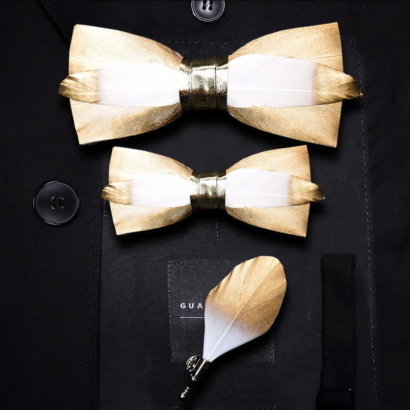 Kid's Gold & White Butterscotch Feather Bow Tie with Lapel Pin - Parent-Child Set - image 4