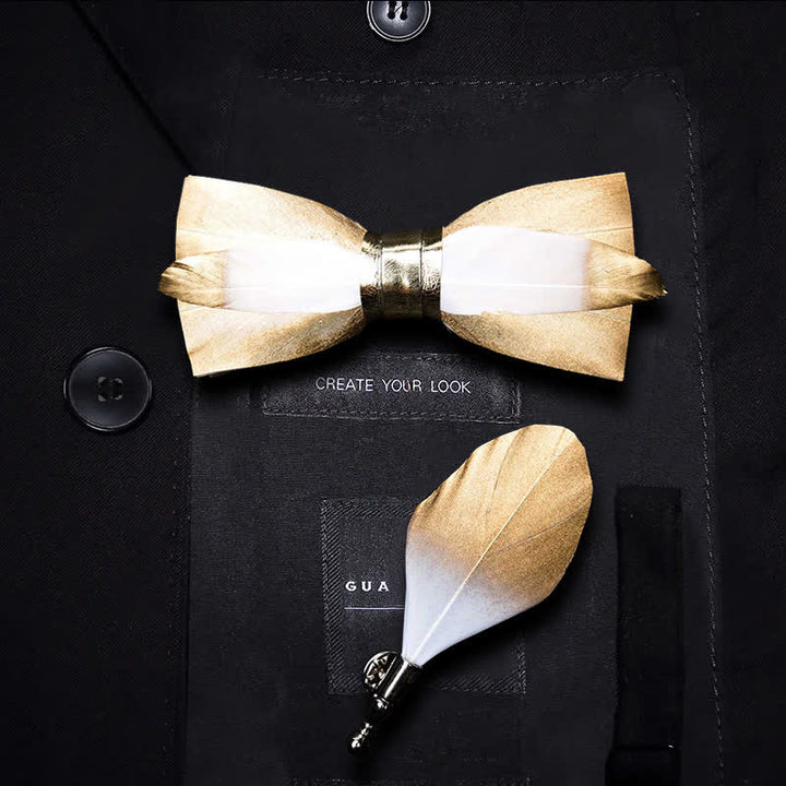 Kid's Gold & White Butterscotch Feather Bow Tie with Lapel Pin - Kid - image 0