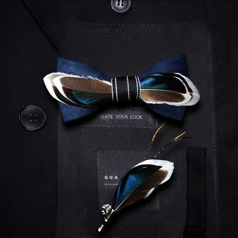 Kid's Navy Blue & Brown Vintage Feather Bow Tie with Lapel Pin - Kid - image 0