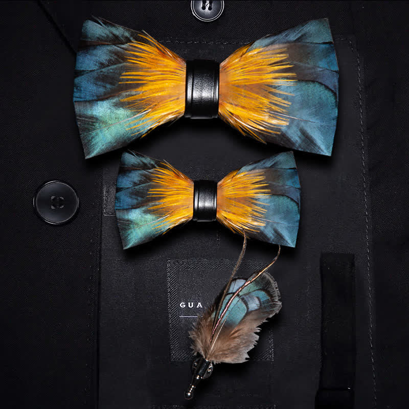 Kid's ForestGreen & Yellow Kingfisher Feather Bow Tie with Lapel Pin - Parent-Child Set - image 6