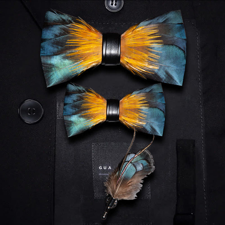 Kid's ForestGreen & Yellow Kingfisher Feather Bow Tie with Lapel Pin - Parent-Child Set - image 6