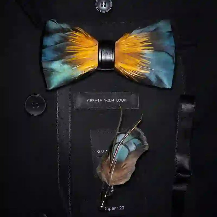Kid's ForestGreen & Yellow Kingfisher Feather Bow Tie with Lapel Pin - Adult - image 2