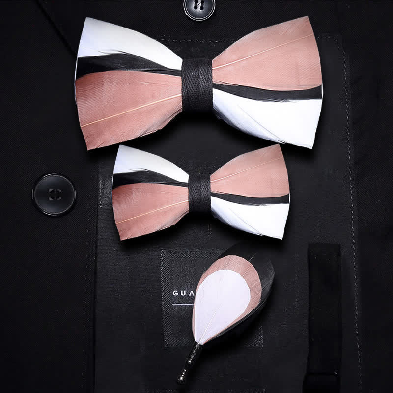 Kid's Pale Pink & White Wavy Feather Bow Tie with Lapel Pin - Parent-Child Set - image 3