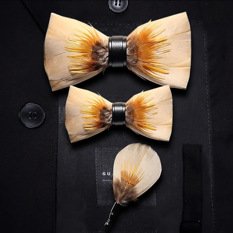 Kid's Light Yellow Quiet Feather Bow Tie with Lapel Pin - Parent-Child Set - image 2