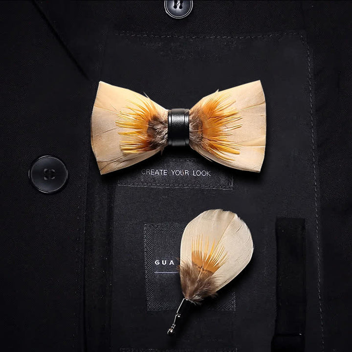 Kid's Light Yellow Quiet Feather Bow Tie with Lapel Pin - Kid - image 0