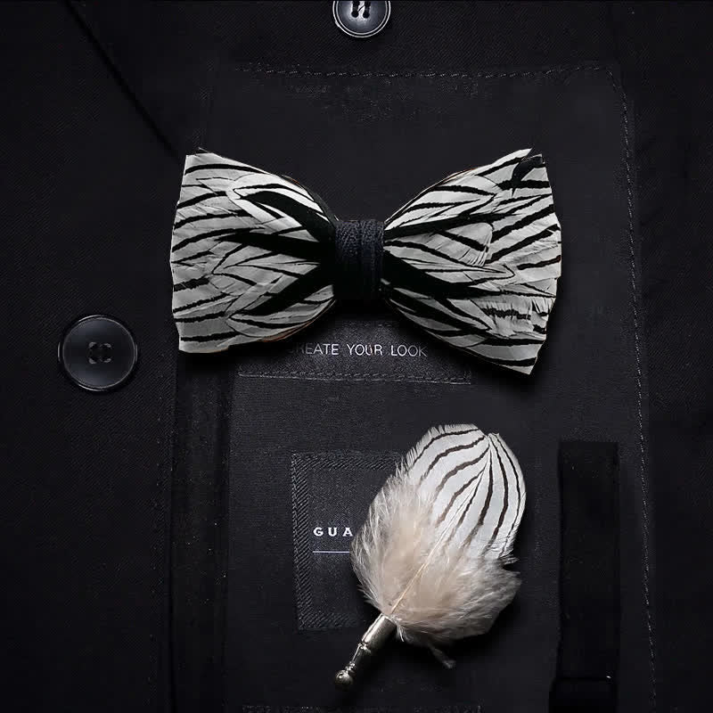 Kid's Black & White Zebra Stripe Feather Bow Tie with Lapel Pin - Kid - image 0