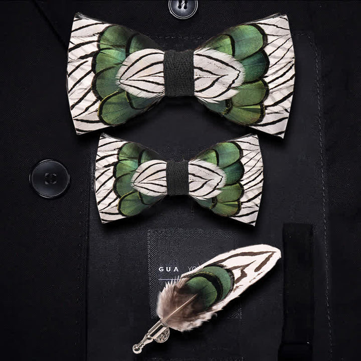Kid's Green & White Forest Feather Bow Tie with Lapel Pin - Parent-Child Set - image 3