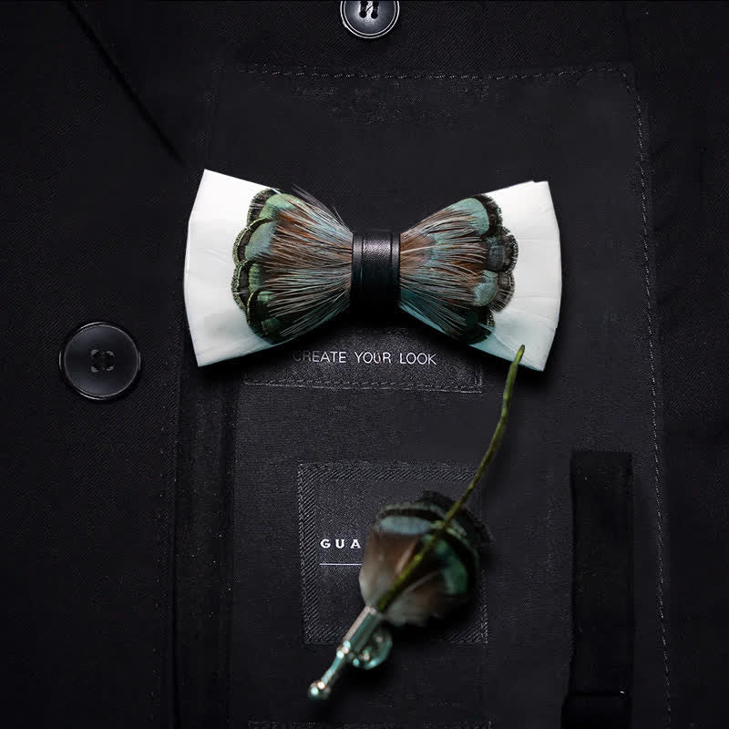 Kid's White & Emerald Green Feather Bow Tie with Lapel Pin - Kid - image 0