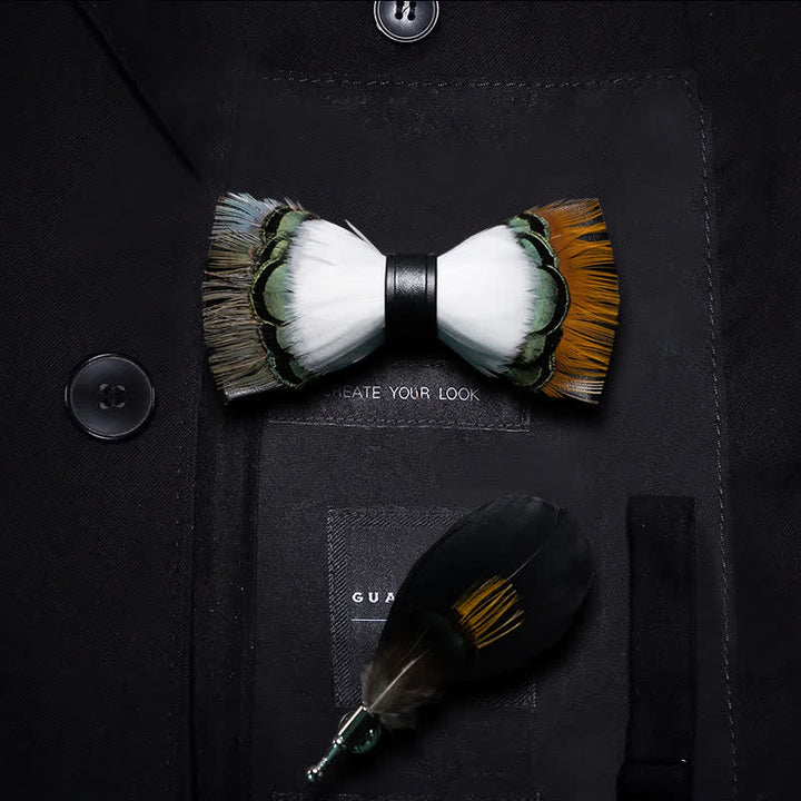 Kid's White & Multicolored Finch Feather Bow Tie with Lapel Pin - Kid - image 0