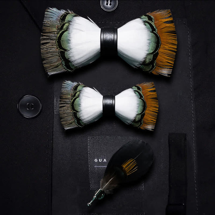 Kid's White & Multicolored Finch Feather Bow Tie with Lapel Pin - Parent-Child Set - image 3