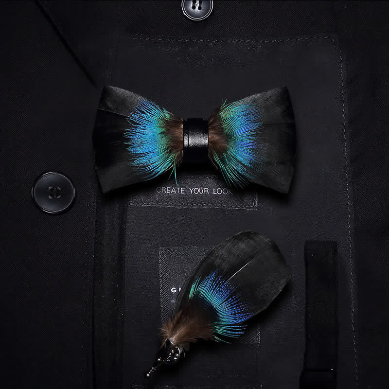 Kid's Black & Blue Versatile Feather Bow Tie with Lapel Pin - Kid - image 0