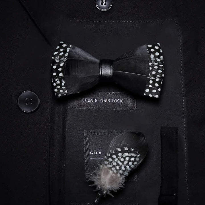Kid's Black Polka-dotted Feather Bow Tie with Lapel Pin - Kid - image 0
