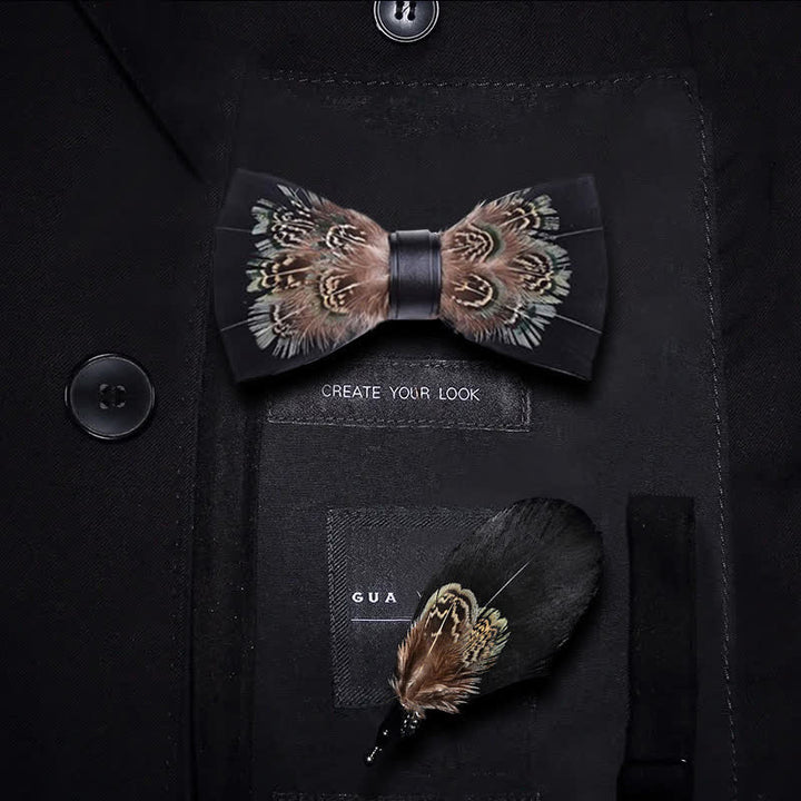 Kid's Black & Brown Rich Pheasant Feather Bow Tie with Lapel Pin - Kid - image 0