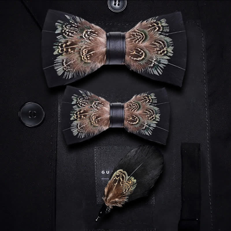 Kid's Black & Brown Rich Pheasant Feather Bow Tie with Lapel Pin - Parent-Child Set - image 2