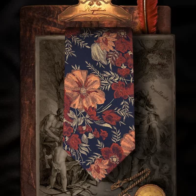 Men's Flower Embroidery Retro Blue Background Necktie - image 5