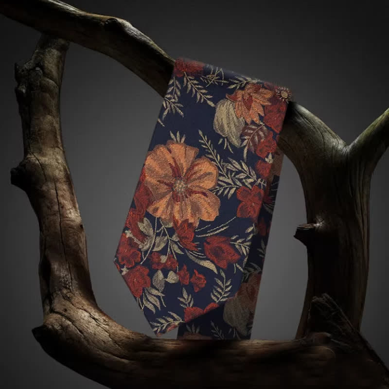 Men's Flower Embroidery Retro Blue Background Necktie - image 3