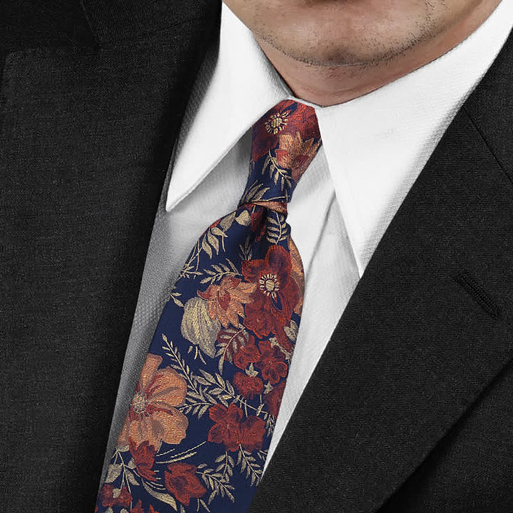 Men's Flower Embroidery Retro Blue Background Necktie - image 1