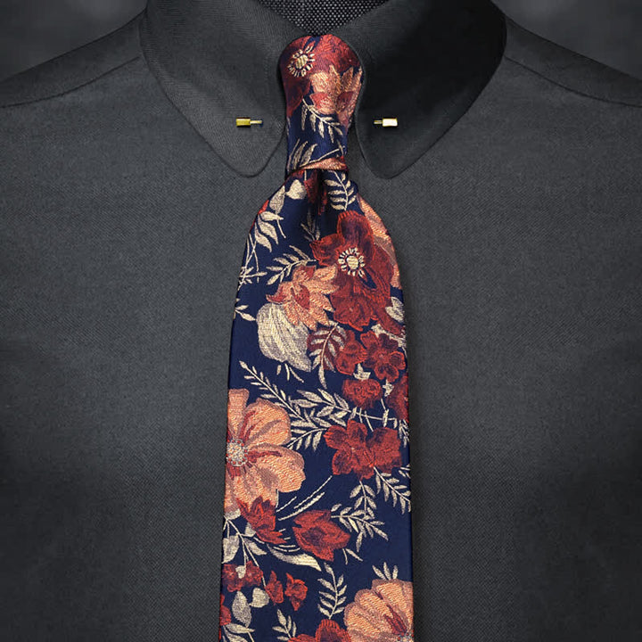 Men's Flower Embroidery Retro Blue Background Necktie - Red & Navy - image 0