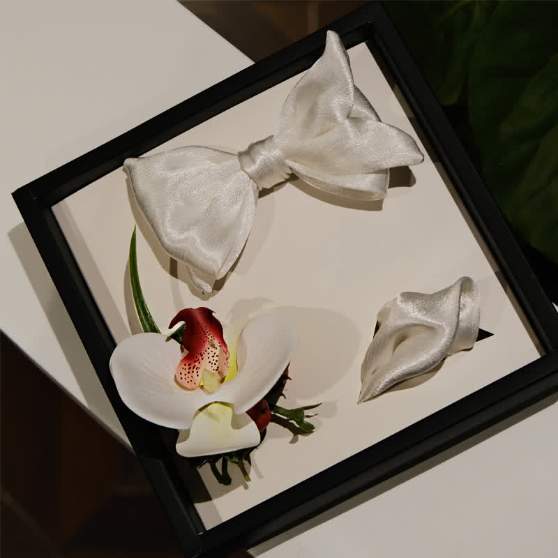3Pcs Men's White Phalaenopsis Bow Tie Handkerchief Set - White - image 0
