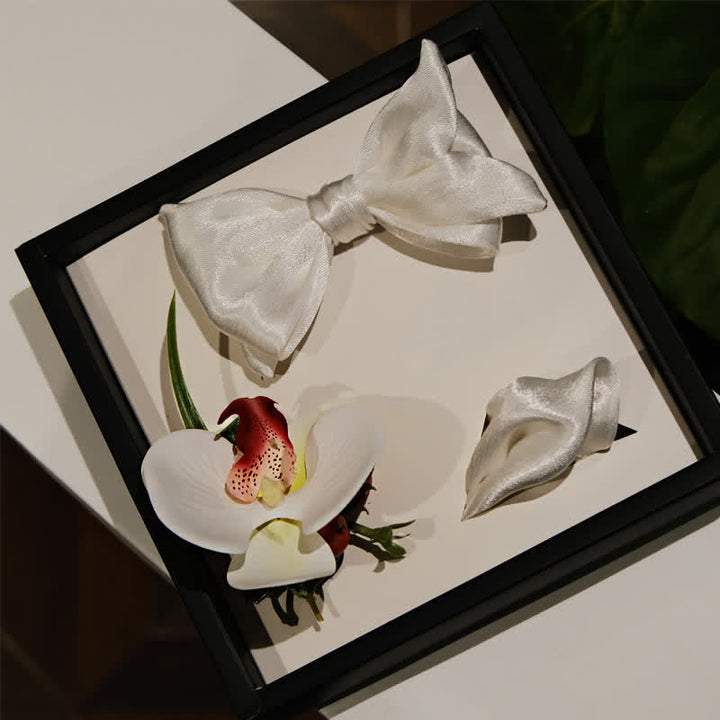 3Pcs Men's White Phalaenopsis Bow Tie Handkerchief Set - White - image 0
