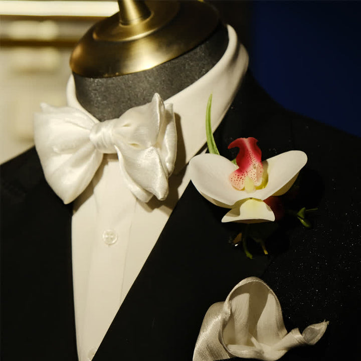 3Pcs Men's White Phalaenopsis Bow Tie Handkerchief Set - image 2