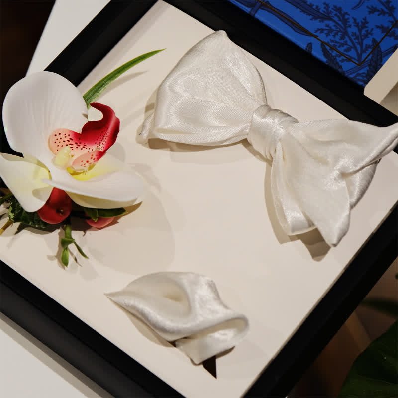 3Pcs Men's White Phalaenopsis Bow Tie Handkerchief Set - image 7