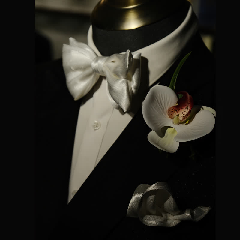 3Pcs Men's White Phalaenopsis Bow Tie Handkerchief Set - image 3