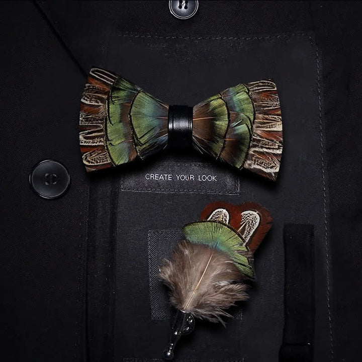 Kid's Brown & Green Forest Retro Feather Bow Tie with Lapel Pin - Kid - image 0